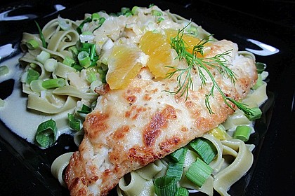 Tagliatelle an Orangen-Fenchel-Sauce mit gebratenen Kabeljaufiletstücken 6