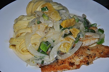 Tagliatelle an Orangen-Fenchel-Sauce mit gebratenen Kabeljaufiletstücken 3
