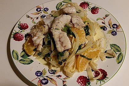 Tagliatelle an Orangen-Fenchel-Sauce mit gebratenen Kabeljaufiletstücken 9