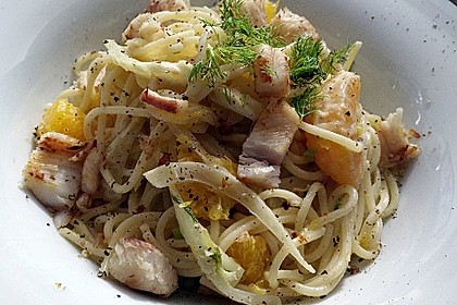 Tagliatelle an Orangen-Fenchel-Sauce mit gebratenen Kabeljaufiletstücken 7