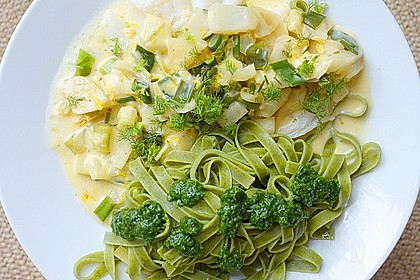 Tagliatelle an Orangen-Fenchel-Sauce mit gebratenen Kabeljaufiletstücken 13