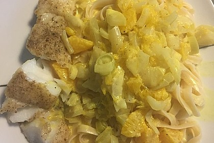 Tagliatelle an Orangen-Fenchel-Sauce mit gebratenen Kabeljaufiletstücken 19