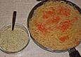 Shrimps auf Knoblauchspaghetti mit Joghurtpesto