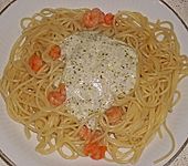Shrimps auf Knoblauchspaghetti mit Joghurtpesto (Bild)