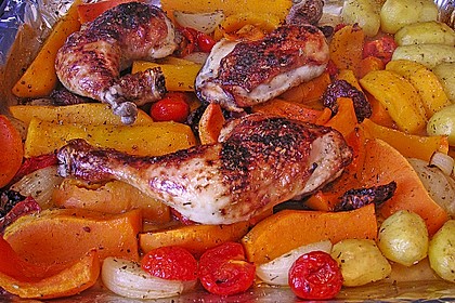 Hähnchenschenkel auf Kürbis aus dem Ofen 1
