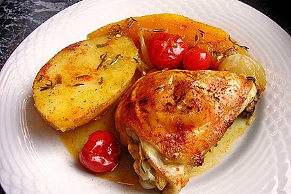 Hähnchenschenkel auf Kürbis aus dem Ofen