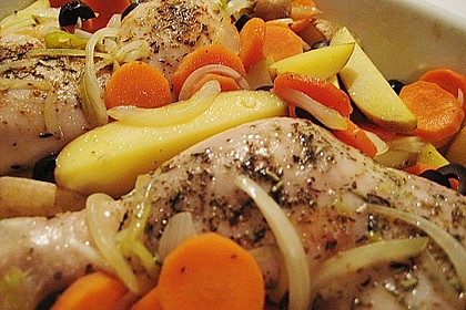 Coquelets mit Gem&uuml;seragout und Oliven