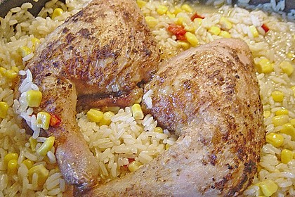 H&auml;hnchenkeulen mit Paprika - Mais - Reis