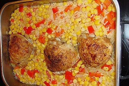 H&auml;hnchenkeulen mit Paprika - Mais - Reis 1
