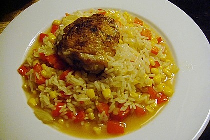 H&auml;hnchenkeulen mit Paprika - Mais - Reis 2
