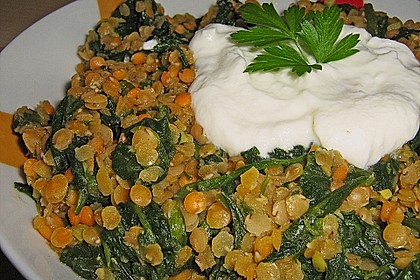 Pfannenlinsen mit Spinat 1