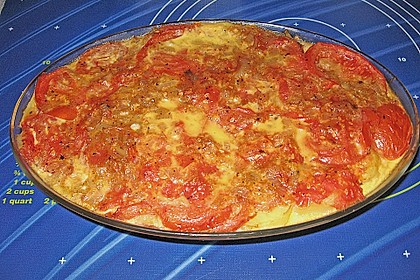 Auflauf mit Stangenbohnen, Kartoffeln, Tomaten und Gelderl&auml;nder Bauchspeck