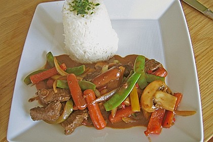 Chinesisches Rinderfilet (scharf) mit buntem Gem&uuml;se und Basmatireis 2