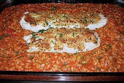 Dorsch R&uuml;ckenfilet mit Waldkr&auml;utersenfkruste auf Tomaten - Gem&uuml;serisotto