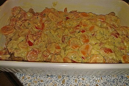 Pikantes Schweineschnitzel mit Gem&uuml;se &uuml;berbacken