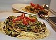 Vollkornspaghetti mit Lauch - Champignon - Curryso&szlig;e