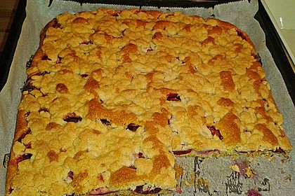 Pflaumenkuchen mit Streuseln auf dem Blech 10