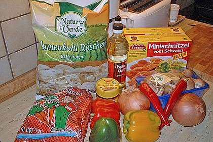 Gem&uuml;seplatte mit kleinen Schweineschnitzeln