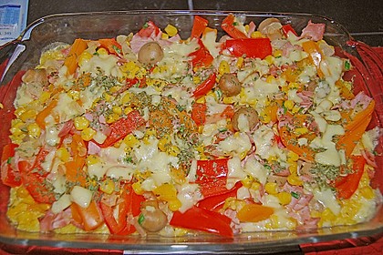 Bunter Gem&uuml;seauflauf mit Paprika, Champignons, Schinken und Reis 9