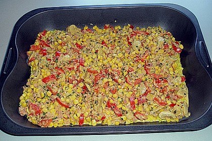 Bunter Gem&uuml;seauflauf mit Paprika, Champignons, Schinken und Reis 5