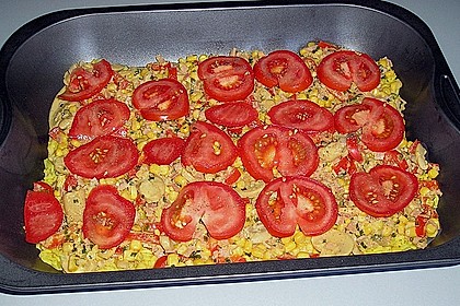 Bunter Gem&uuml;seauflauf mit Paprika, Champignons, Schinken und Reis 6
