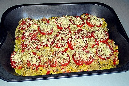 Bunter Gem&uuml;seauflauf mit Paprika, Champignons, Schinken und Reis 7