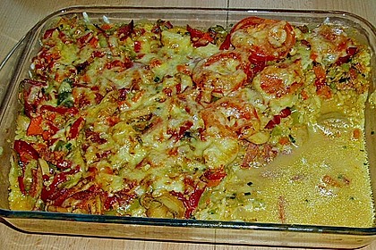 Bunter Gem&uuml;seauflauf mit Paprika, Champignons, Schinken und Reis 8