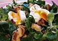 Rucola mit pochiertem Ei und Knoblauchcroutons