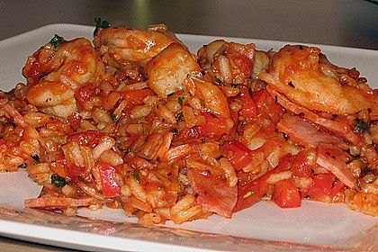 Feuermohns Reispfanne mit Tomaten und Garnelen 1