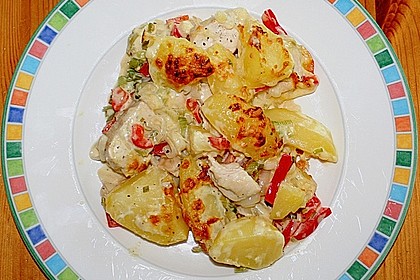 Gebackene Kartoffeln mit Lauch und Hähnchen