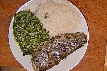 Ged&uuml;nstete Forellen mit Reis und Spinat - Sauce 1