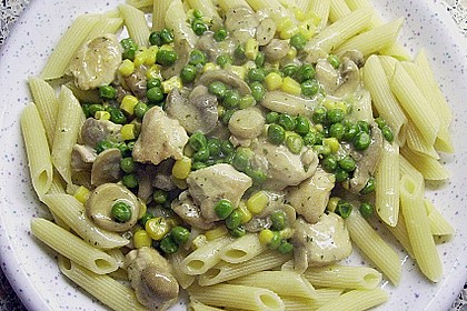H&auml;hnchen - Pilz - Sauce mit Nudeln