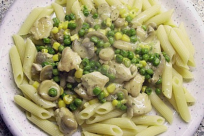 H&auml;hnchen - Pilz - Sauce mit Nudeln 1