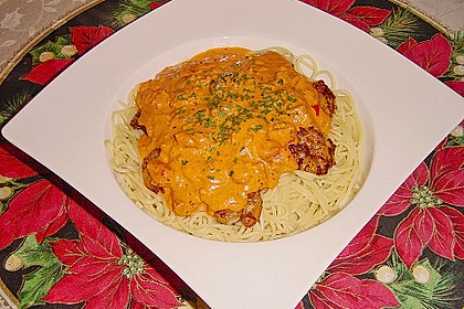 Garnelen in fruchtig, scharfer Sauce auf Nudeln 6