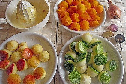Blauleng und Krabben mit Apfel - K&uuml;rbis - Zucchini - Kugeln und Kartoffel - Avocado - P&uuml;ree 1