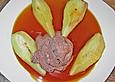 Birnen mit Schokoladeneis in Orangen - Karamellsauce