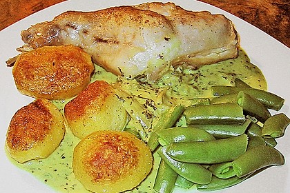 Kaninchen mit Kr&auml;uter - Senfsauce und Zuckerschoten
