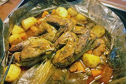 Perlhuhn oder Huhn mit Gem&uuml;se im Bratschlauch, einfach