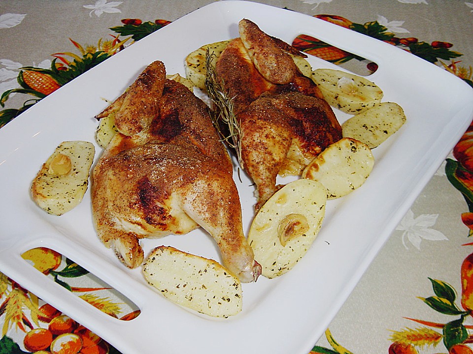Brathähnchen mit Kräuterkartoffeln und Gorgonzola - Dip von evalima ...