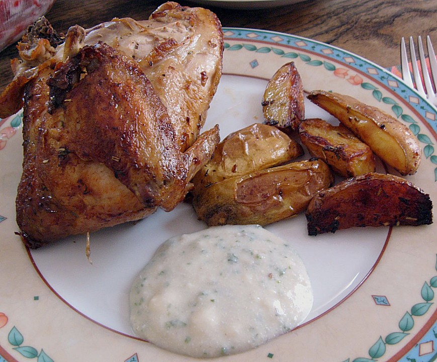 Brathähnchen mit Kräuterkartoffeln und Gorgonzola - Dip von evalima ...