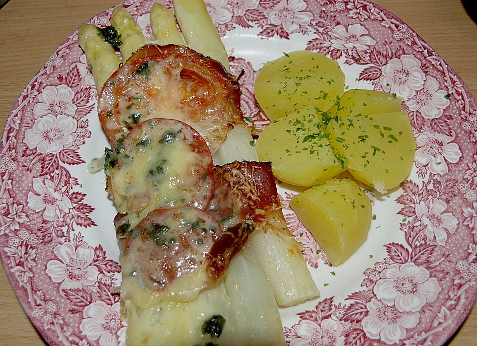 Spargel - Schinken - Röllchen mit Tomaten und Käse von Azoren | Chefkoch.de