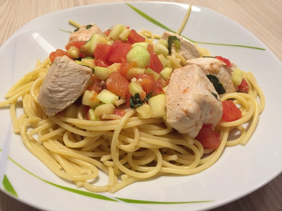 Spaghetti mit Hühnerbrust, Gemüse und Basilikum von angi25 | Chefkoch.de