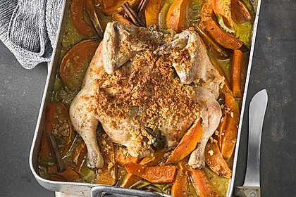 Brathähnchen mit Süßkartoffeln und Butternut Kürbis