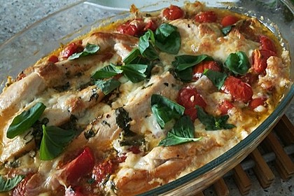 Mozzarella - Hähnchen in Basilikum - Sahnesauce 124