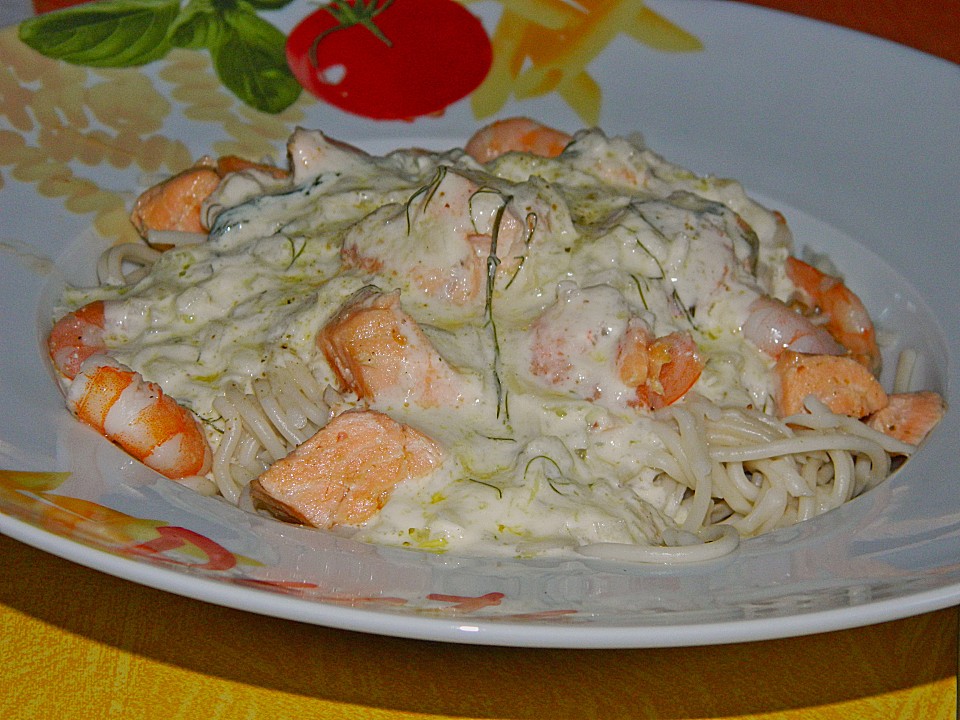 Spaghetti mit Lachs und Scampis in Weißwein-Sahnesoße von mailo1 ...
