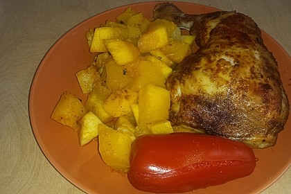 Kürbis, Kartoffeln und Hähnchenschenkel aus dem Backofen 76