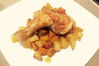 Kürbis, Kartoffeln und Hähnchenschenkel aus dem Backofen 51