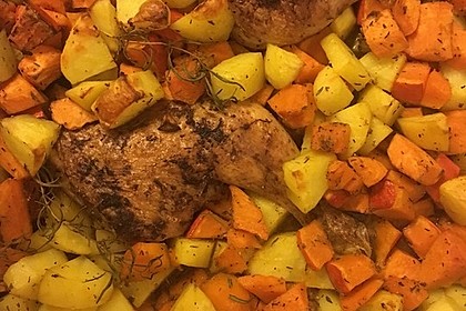 Kürbis, Kartoffeln und Hähnchenschenkel aus dem Backofen 26