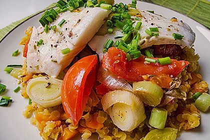 Fisch mit Lauch und Tomaten auf Linsenbett 1