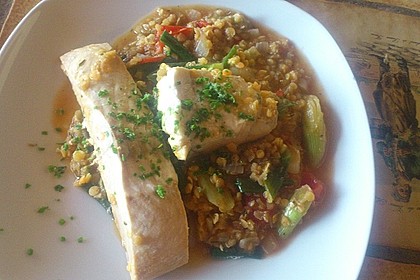 Fisch mit Lauch und Tomaten auf Linsenbett 12